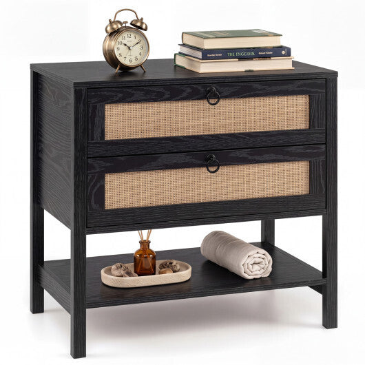 Boho Rattan Nightstand with 2 Drawers and Bottom Open Shelf-Black LuxuryLifeWay Online Store