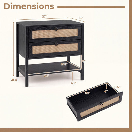 Boho Rattan Nightstand with 2 Drawers and Bottom Open Shelf-Black LuxuryLifeWay Online Store