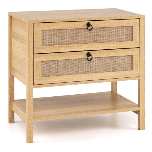 Boho Rattan Nightstand with 2 Drawers and Bottom Open Shelf-Black LuxuryLifeWay Online Store