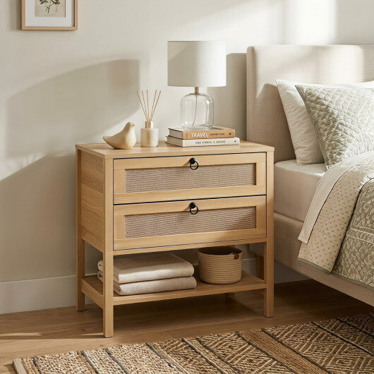 Boho Rattan Nightstand with 2 Drawers and Bottom Open Shelf-Black LuxuryLifeWay Online Store
