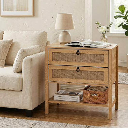 Boho Rattan Nightstand with 2 Drawers and Bottom Open Shelf-Black LuxuryLifeWay Online Store