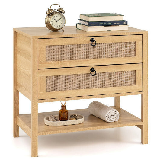 Boho Rattan Nightstand with 2 Drawers and Bottom Open Shelf-Black LuxuryLifeWay Online Store