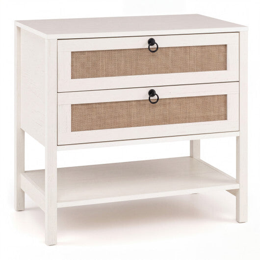 Boho Rattan Nightstand with 2 Drawers and Bottom Open Shelf-Black LuxuryLifeWay Online Store