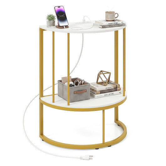 2-Tier Half Moon Console Table with Power Outlets and Storage Shel for Hallway-White LuxuryLifeWay Online Store