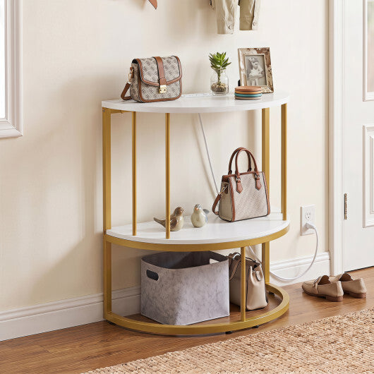 2-Tier Half Moon Console Table with Power Outlets and Storage Shel for Hallway-White LuxuryLifeWay Online Store