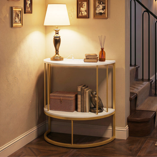 2-Tier Half Moon Console Table with Power Outlets and Storage Shel for Hallway-White LuxuryLifeWay Online Store