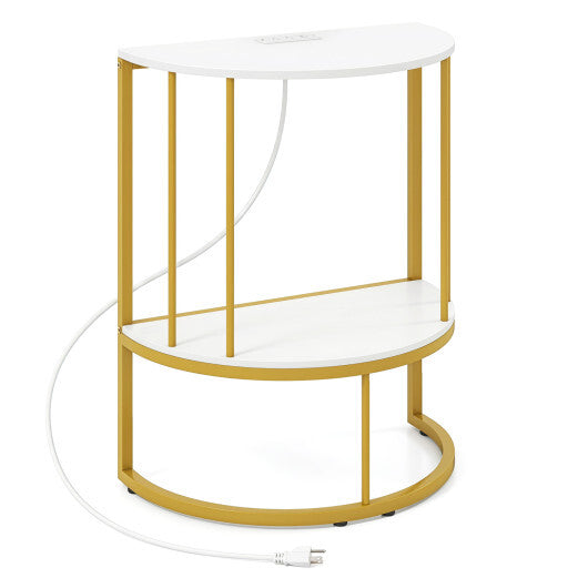 2-Tier Half Moon Console Table with Power Outlets and Storage Shel for Hallway-White LuxuryLifeWay Online Store