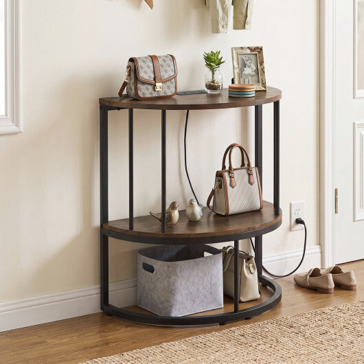 2-Tier Half Moon Console Table with Power Outlets and Storage Shel for Hallway-White LuxuryLifeWay Online Store