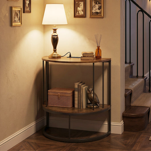 2-Tier Half Moon Console Table with Power Outlets and Storage Shel for Hallway-White LuxuryLifeWay Online Store