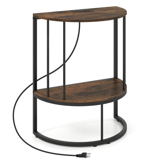 2-Tier Half Moon Console Table with Power Outlets and Storage Shel for Hallway-White LuxuryLifeWay Online Store