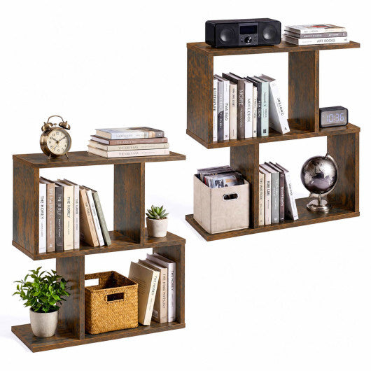 3-Tier Geometric Bookshelf Freestanding Display Shelf Side Table Set of 2-Brown LuxuryLifeWay Online Store