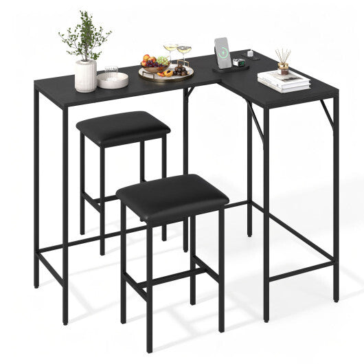 3-Piece Convertible L-Shaped Kitchen Table Chair Set with 2 AC Outlets  USB Port and Type-C Port-Black LuxuryLifeWay Online Store