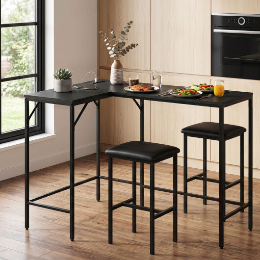 3-Piece Convertible L-Shaped Kitchen Table Chair Set with 2 AC Outlets  USB Port and Type-C Port-Black LuxuryLifeWay Online Store