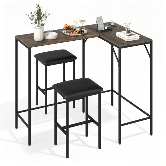 3-Piece Convertible L-Shaped Kitchen Table Chair Set with 2 AC Outlets  USB Port and Type-C Port-Black LuxuryLifeWay Online Store