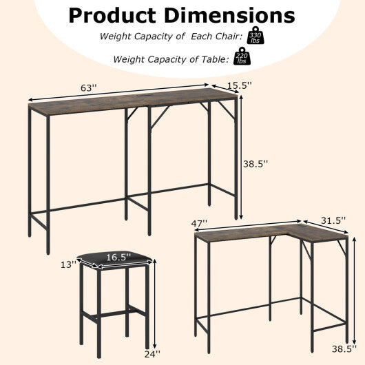 3-Piece Convertible L-Shaped Kitchen Table Chair Set with 2 AC Outlets  USB Port and Type-C Port-Black LuxuryLifeWay Online Store
