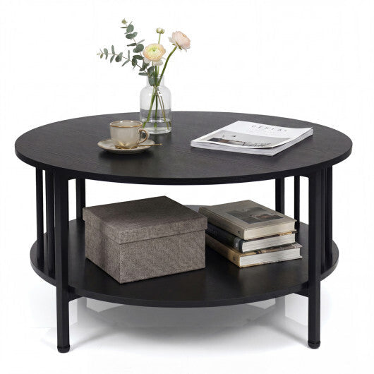 2-Tier Round Coffee Table with Storage Shelf and Metal Accents in Black Walnut-Walnut LuxuryLifeWay Online Store
