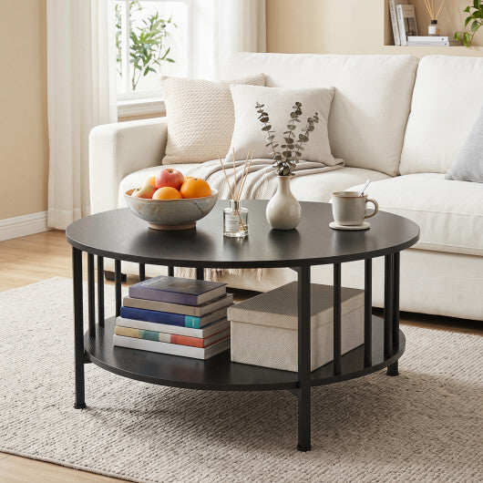 2-Tier Round Coffee Table with Storage Shelf and Metal Accents in Black Walnut-Walnut LuxuryLifeWay Online Store
