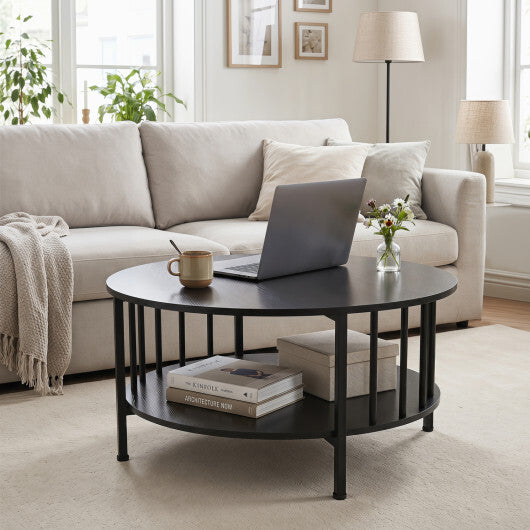 2-Tier Round Coffee Table with Storage Shelf and Metal Accents in Black Walnut-Walnut LuxuryLifeWay Online Store