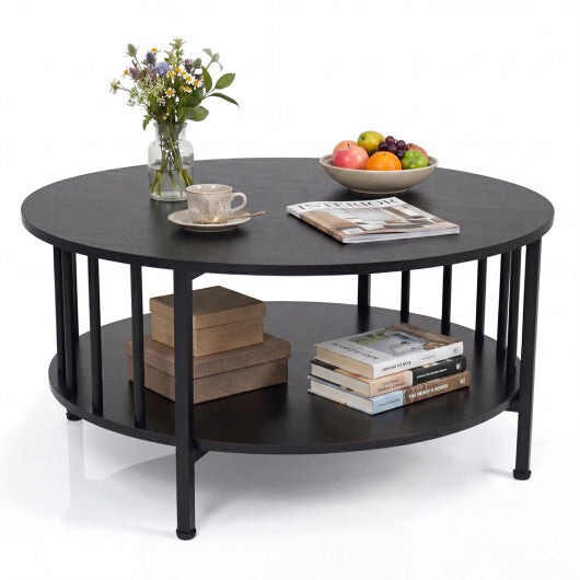2-Tier Round Coffee Table with Storage Shelf and Metal Accents in Black Walnut-Walnut LuxuryLifeWay Online Store