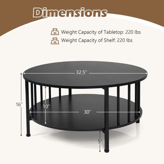 2-Tier Round Coffee Table with Storage Shelf and Metal Accents in Black Walnut-Walnut LuxuryLifeWay Online Store