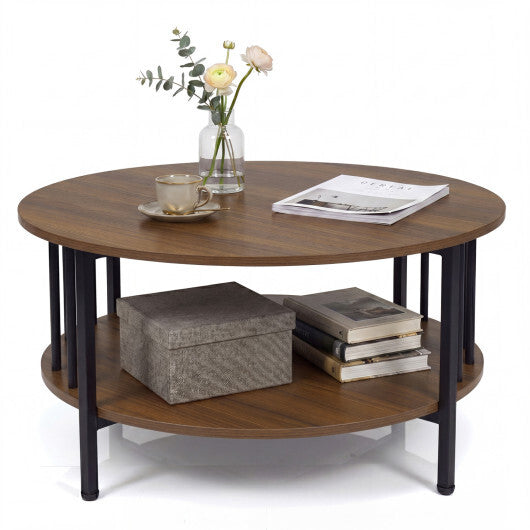 2-Tier Round Coffee Table with Storage Shelf and Metal Accents in Black Walnut-Walnut LuxuryLifeWay Online Store