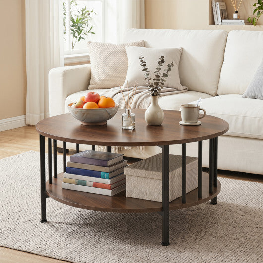 2-Tier Round Coffee Table with Storage Shelf and Metal Accents in Black Walnut-Walnut LuxuryLifeWay Online Store