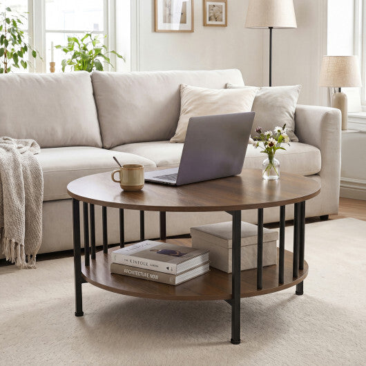 2-Tier Round Coffee Table with Storage Shelf and Metal Accents in Black Walnut-Walnut LuxuryLifeWay Online Store