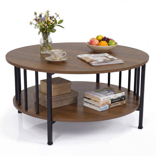 2-Tier Round Coffee Table with Storage Shelf and Metal Accents in Black Walnut-Walnut LuxuryLifeWay Online Store