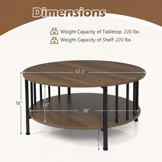 2-Tier Round Coffee Table with Storage Shelf and Metal Accents in Black Walnut-Walnut LuxuryLifeWay Online Store