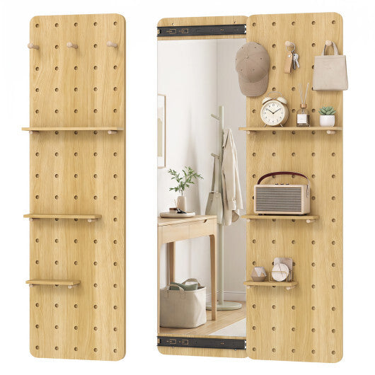 Solid Wood Full Length Mirror with Pegboard & Shelves and Hooks for Entryway-Natural LuxuryLifeWay Online Store