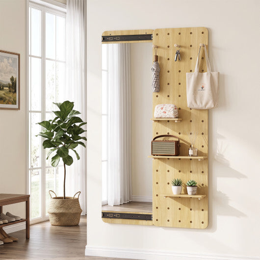 Solid Wood Full Length Mirror with Pegboard & Shelves and Hooks for Entryway-Natural LuxuryLifeWay Online Store