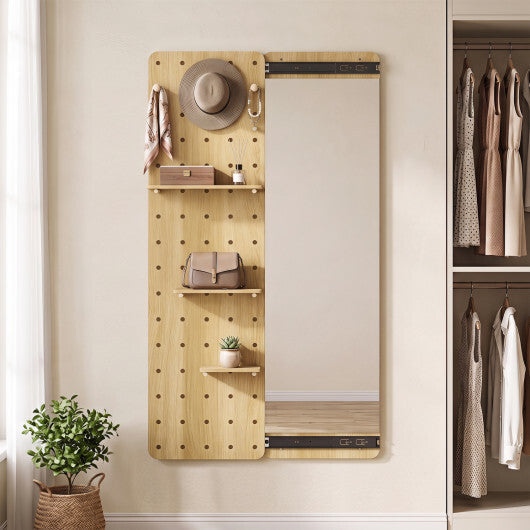 Solid Wood Full Length Mirror with Pegboard & Shelves and Hooks for Entryway-Natural LuxuryLifeWay Online Store
