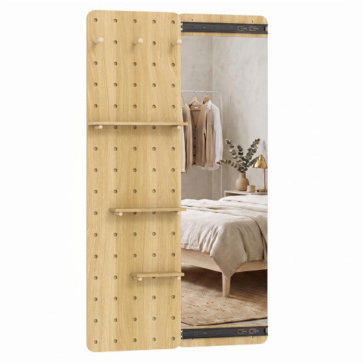 Solid Wood Full Length Mirror with Pegboard & Shelves and Hooks for Entryway-Natural LuxuryLifeWay Online Store