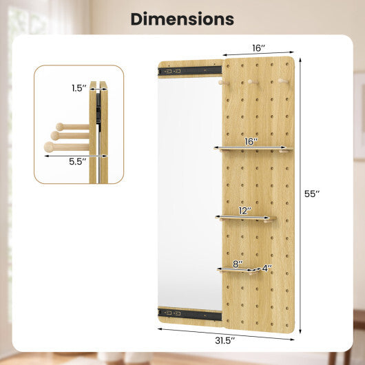 Solid Wood Full Length Mirror with Pegboard & Shelves and Hooks for Entryway-Natural LuxuryLifeWay Online Store