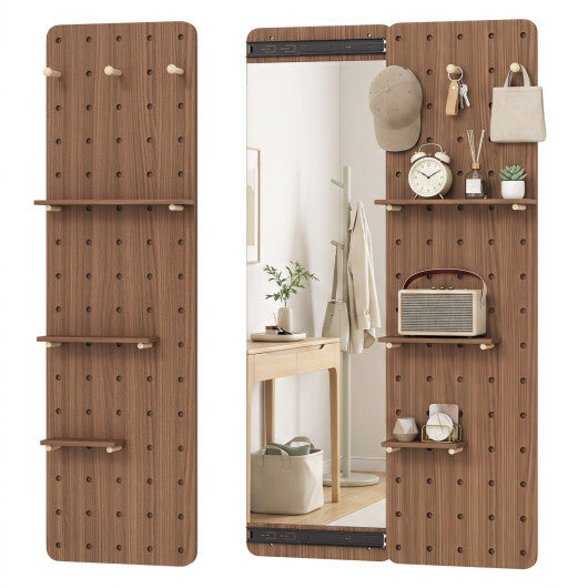 Solid Wood Full Length Mirror with Pegboard & Shelves and Hooks for Entryway-Natural LuxuryLifeWay Online Store