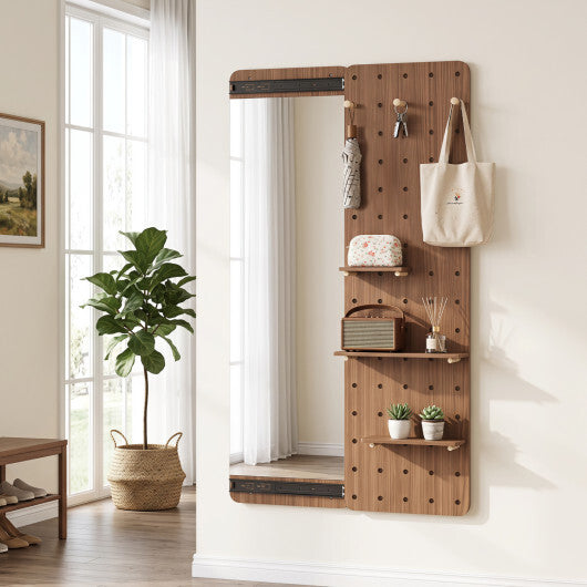 Solid Wood Full Length Mirror with Pegboard & Shelves and Hooks for Entryway-Natural LuxuryLifeWay Online Store