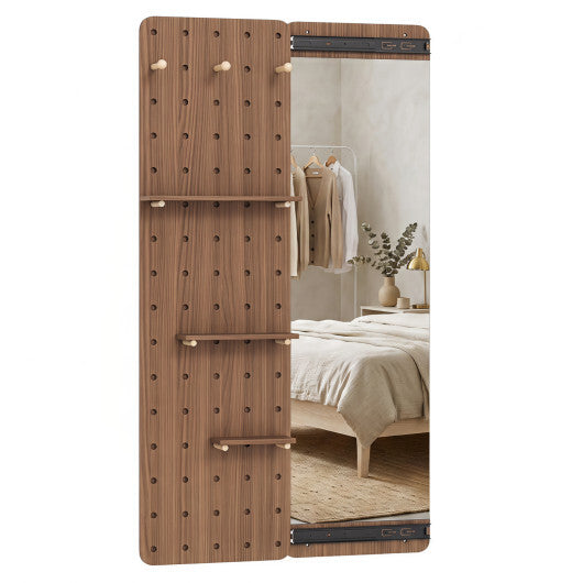 Solid Wood Full Length Mirror with Pegboard & Shelves and Hooks for Entryway-Natural LuxuryLifeWay Online Store