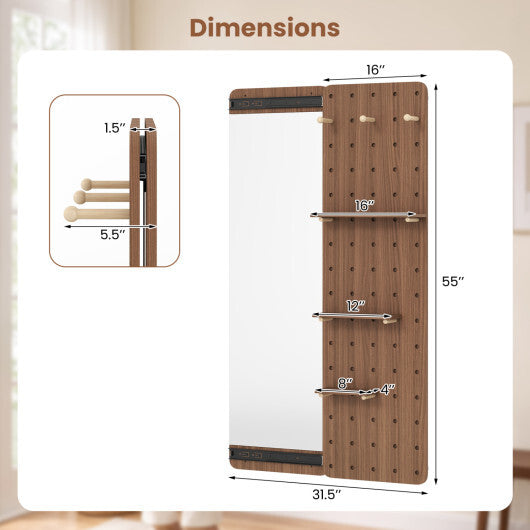 Solid Wood Full Length Mirror with Pegboard & Shelves and Hooks for Entryway-Natural LuxuryLifeWay Online Store