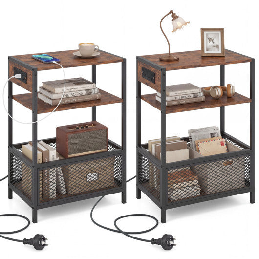 3-Tier Industrial Side Table Set of 2 with 2 AC Outlets and 1 Type-C Ports-Rustic Brown LuxuryLifeWay Online Store