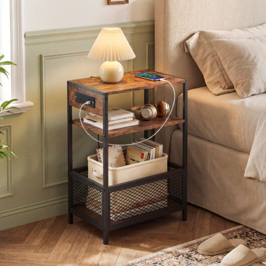 3-Tier Industrial Side Table Set of 2 with 2 AC Outlets and 1 Type-C Ports-Rustic Brown LuxuryLifeWay Online Store