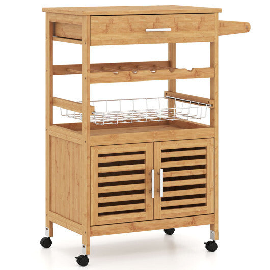 Bamboo Rolling Kitchen Island Trolley with Storage Cabinet and Wine Rack-Natural LuxuryLifeWay Online Store