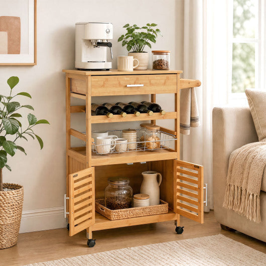 Bamboo Rolling Kitchen Island Trolley with Storage Cabinet and Wine Rack-Natural LuxuryLifeWay Online Store