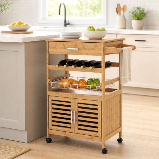 Bamboo Rolling Kitchen Island Trolley with Storage Cabinet and Wine Rack-Natural LuxuryLifeWay Online Store
