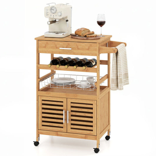 Bamboo Rolling Kitchen Island Trolley with Storage Cabinet and Wine Rack-Natural LuxuryLifeWay Online Store