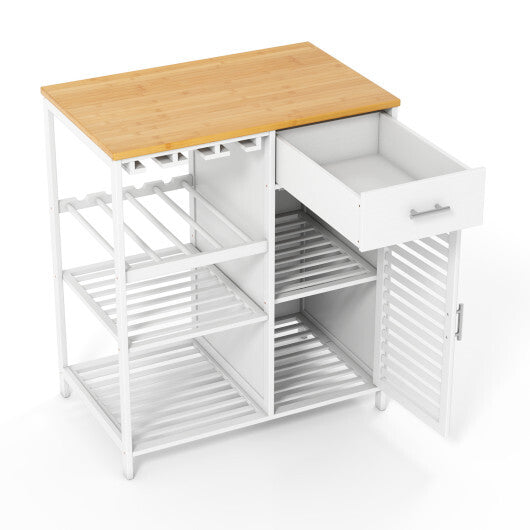 Coffee Bar Cabinet with Glass Holder Wine Rack and Bamboo Top-White LuxuryLifeWay Online Store