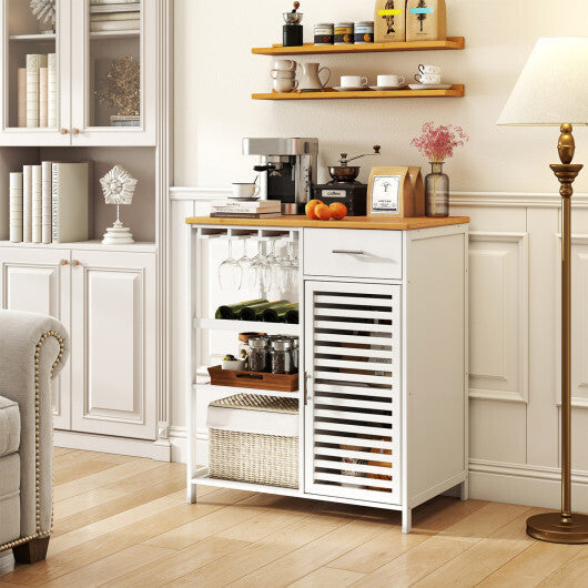 Coffee Bar Cabinet with Glass Holder Wine Rack and Bamboo Top-White LuxuryLifeWay Online Store