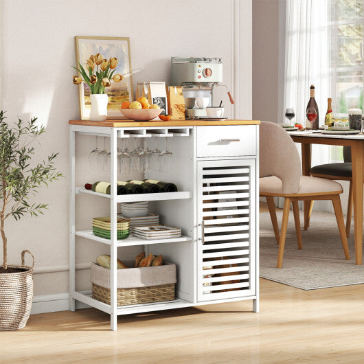 Coffee Bar Cabinet with Glass Holder Wine Rack and Bamboo Top-White LuxuryLifeWay Online Store
