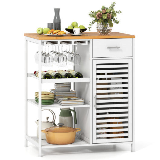 Coffee Bar Cabinet with Glass Holder Wine Rack and Bamboo Top-White LuxuryLifeWay Online Store
