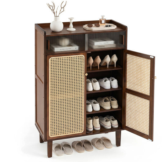 5-Tier Bamboo Shoe Cabinet with Woven Rattan Doors and Sliding Doors for Entryway-Walnut LuxuryLifeWay Online Store