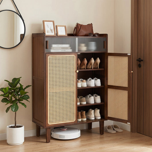 5-Tier Bamboo Shoe Cabinet with Woven Rattan Doors and Sliding Doors for Entryway-Walnut LuxuryLifeWay Online Store